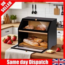 Double Layer Bamboo Wooden Bread Box Storage Container for Kitchen Countertop UK