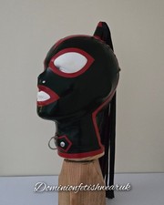 Medium Latex Hood Mask female black Red rubber Fetish doll pony tail UK D Ring