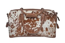 Deluxe Leather Holdall Bag TAN Genuine Cowhide And Cow Fur Weekend Duffel Travel