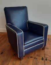 Vintage 1930's  Art Deco Blue Leather & White Piping Lounge Chair Delivery
