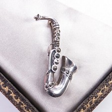 Vintage solid silver saxophone brooch marcasite keys sax music jazz retro unisex