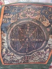 BHAVACAKRA BUDDHA LIFE MANDALA OILED TIBETAN  PAINTING WITH SILK BROCADE