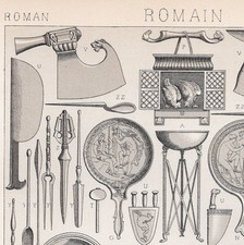 ROMAN HOUSEHOLD OBJECTS – Tools, Mirrors, Furniture, Vessels 1876 Antique Print