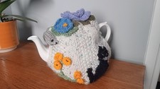 Cat and Mouse Hand Knitted Tea Cosy With Crocheted Flowers, Cottage Style