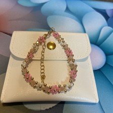 Beautiful Sparkle Pink & White Daisy Crystal Bead Bracelet In Gift Pouch