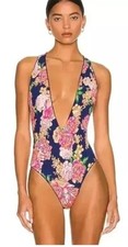 Maaji Deep Plunge T-Back Reversible Floral Blue Sexy One-Piece Swimsuit S NWT