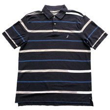 Vintage Nautica Polo Shirt Mens Medium Navy Blue Performance Deck Striped Preppy