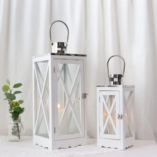 Set of 2 White Wooden Lanterns Rectangle Candle Holders
