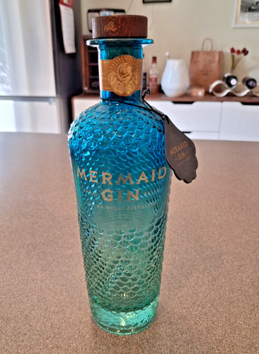 Blue mermaid gin bottle empty - gin,