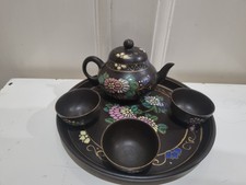 Yixing enamelled miniature tea set , teapot , tray & 3 cups, tray 7" across