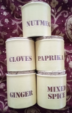 Retro Kiln Craft Spice Jars x 5. Yellow. Nutmeg, Ginger, Mixed Spice, Paprika, 