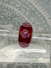 Authentic Trollbeads OOAK Dainty Pink Flowers on Red CC, New (95.0) Small & Cute