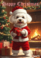 BICHON DOG CHRISTMAS CARD XMAS DOG IN A SANTA SUIT LARGE C5 CARD & GOLD ENVELOPE