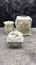 Vintage Bisque Ivory White Rose Themed Dresser/Bathroom 3 Piece Set 