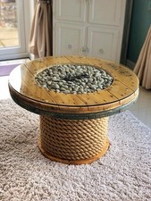 RUSTIC CABLE DRUM COFFEE TABLE - GLASS / STONE / LED / JUTE ROPE / PERSONALISED