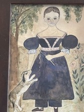 19th Century American Folk Art Watercolor Portrait of Young Girl W/ Her Dog 