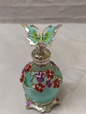 Blue Frosted Glass Perfume Bottle with Metal Trim Flowers Butterflies Diamante