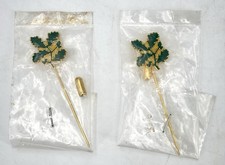 National Trust x 2 Green Enamel Gold Tone Oak Leaf Stick Pin Badges