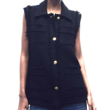 Zara Black Textured Long Gilet Waistcoat Vest Frayed Trims XS Fits UK10-12