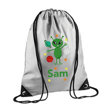 Personalised Name - Green Alien Drawstring Bag - Space UFO Kids School P.E. Kit