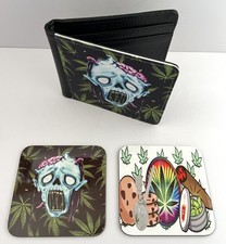 Wallet & 2 Coasters with Weed, Marijuana, Spliff, Bong, Zombie Design Mens Gifts