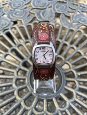 FOSSIL JR8780 LADIES BROWN LEATHER FLORAL STITCH STRAP WATCH WITH PINK ANALOG