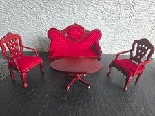 doll house mahogany/red sofa/2x armchairs /oval coffee table    1.12th