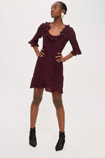 Topshop Navy & Red Lip Print Frilled Flared Dress Sheer Split Back Party UK12