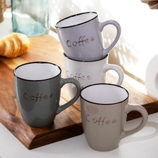 Set Of 4 Stoneware Coffee Mugs Neutral Colour Mix Script Label Hot Drinks Cups