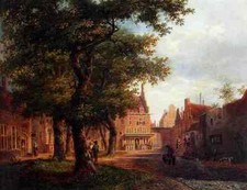 Hove Bartholomeus Johannes Van A Village Square With Villagers Conversing Under 