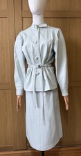 Vintage 80s Leather Skirt Suit Light Blue Belted Jacket Structured Shoulders