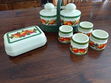 Bakelite EMSA Butter Dish - Marmalade & Jam Pots/spoons in Basket & 4 Egg Cups