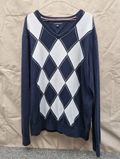 Tommy Hilfiger Mens Blue Argyle Diamond V Neck Cotton Jumper Sweater XL