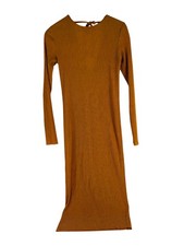 Zara Plisse Yellow Midi Dress Mustard Stretch Long Sleeve Tie Neck Size S