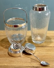 WMF Art Deco Crackle Glass Cocktail Shaker & Ice Bucket Set Silver Plate c1930’s