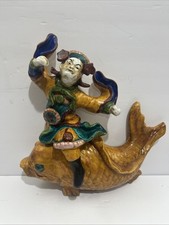 RARE! Antique Chinese Ceramic Roof Tile Samaria Warrior Riding Koi Fish Signed!