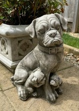 Boxer Dog & Pups Stone Statue