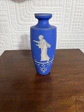 Beautiful Antique Mary Gregory Style Blue Opaque Glass Vase With Classical Fig