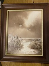 Seascape by Dunlop Kirton. Signed oil on canvas. Dunes , Seagulls, Beige Brown. 