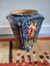 Ornate Ceramic Planter 4 Sided Glazed Blue with 3D Figures Decorative