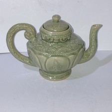 Vintage Jade Green Thai Celadon Crackle Glaze Stoneware Tea Pot 17 X 23cms