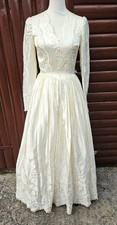 Vintage 1970s Cream Satin Lace Princess Wedding Dress UK Size 8-10 Embroidered 