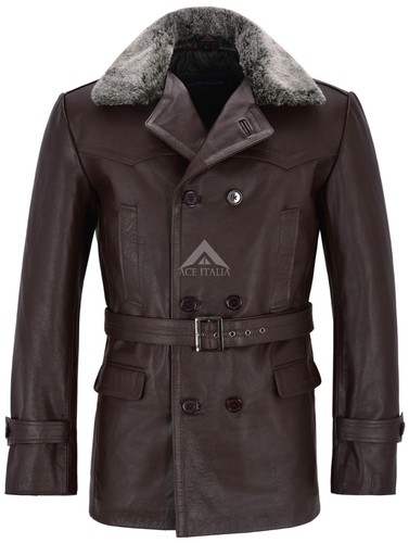 Men leather german pea coat - leather,