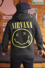 Mens Hoodie Nirvana Smiley Yellow Hooded Sweatshirt Kurt Cobain Concert Gift