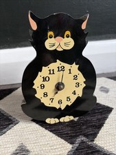 Vintage Wooden Black Cat Clock Wall Hanging Battery Operated  6.5”