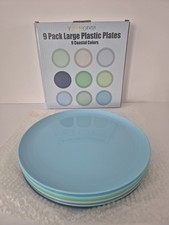 YoungEver 9 Pack Large Plastic Plates 9 Coastal Colors, Reusable Dinnerware 25cm