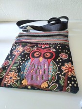 New Fabric Shoulder Bag With Owl Motif And Multi Pattern 2 Zip Pockets