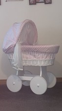 White Wicker Wheels Crib/baby Moses Basket + Complete Bedding Pink/dimple