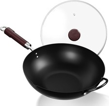 Jobin 32 cm/12.6" Carbon Steel Wok with Lid, Wooden & Steel Handles FOR AUCTION