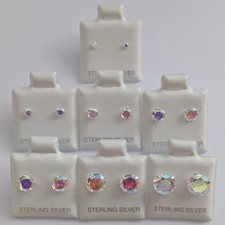 925 Sterling Silver Round Aurora Borealis Cubic Zirconia Stud Earrings UK SELLER